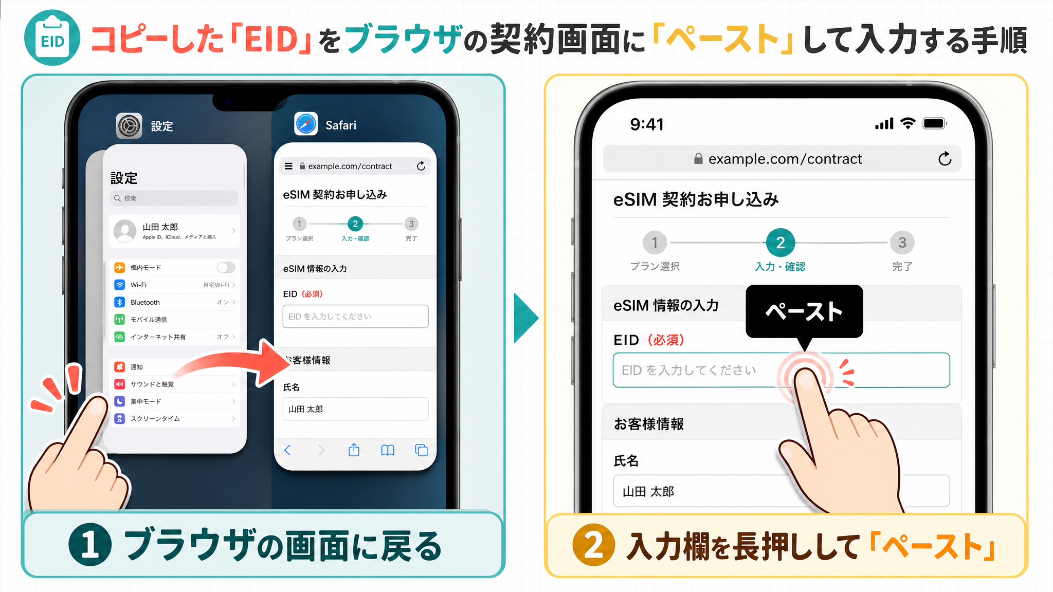 アプリ切り替え(タスクキル画面)からブラウザに戻り、ペーストする動作の図解