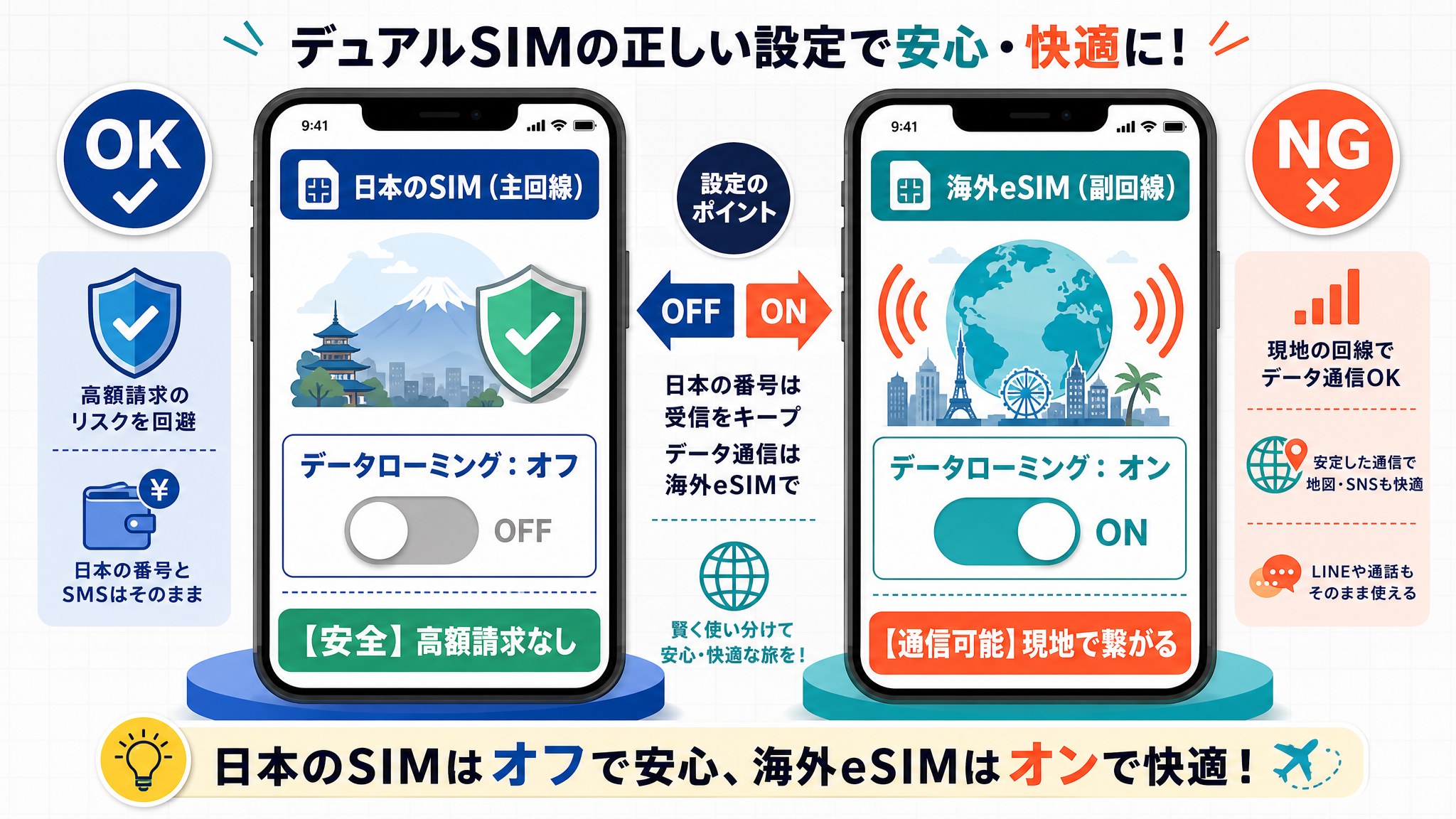左側に「日本のSIM:データローミング オフ(安全)」、右側に「海外eSIM:データローミング オン(通信可能)」と視覚的に対比させたOK/NG比較図を挿入