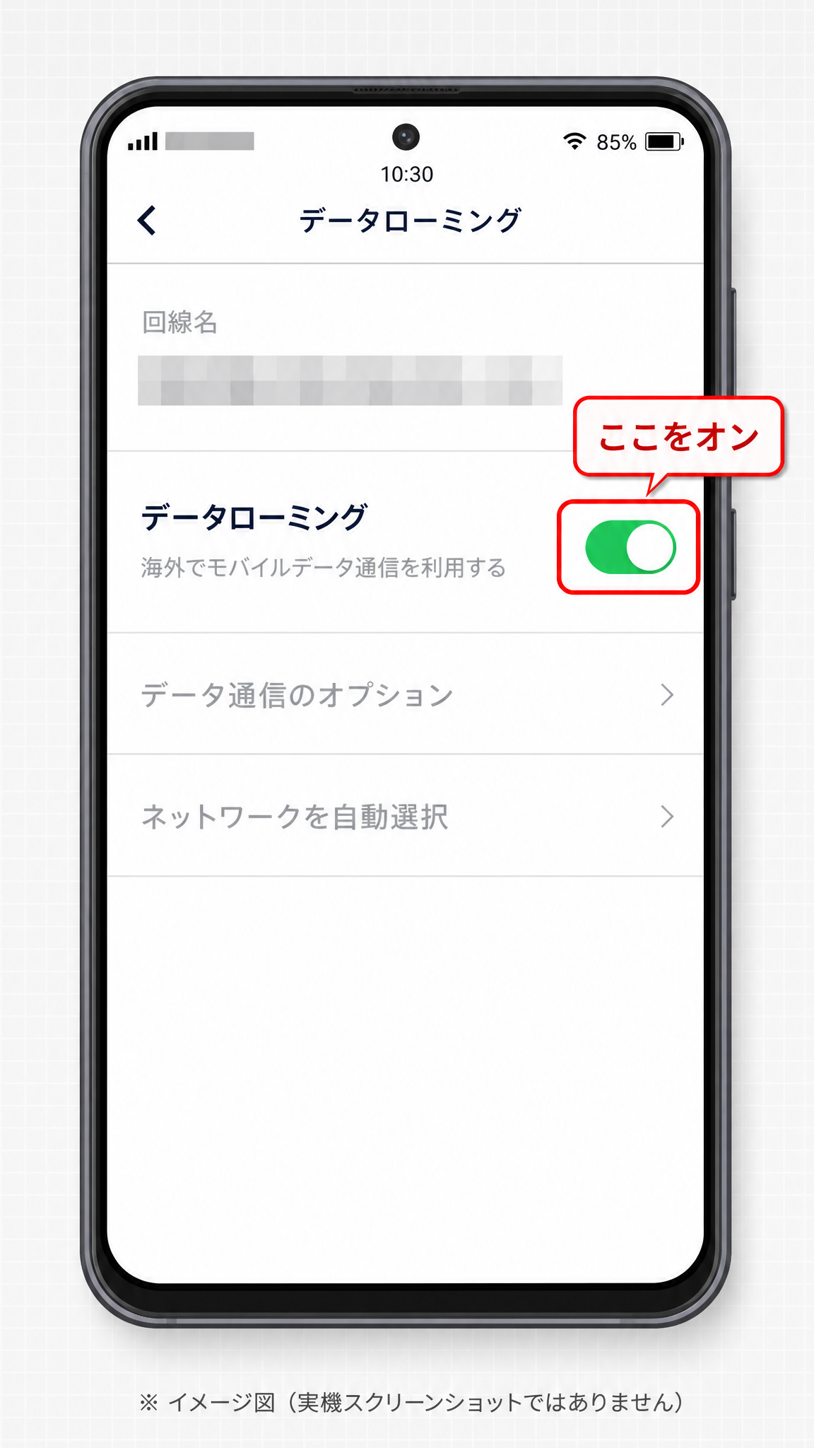 iOSの「設定→モバイル通信→該当eSIM→データローミング」オン画面