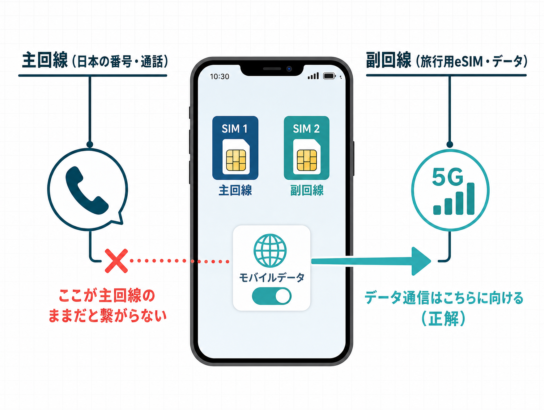 主回線・副回線とモバイルデータ通信の関係図。「電話は主回線/データはeSIM」という役割分担を視覚化