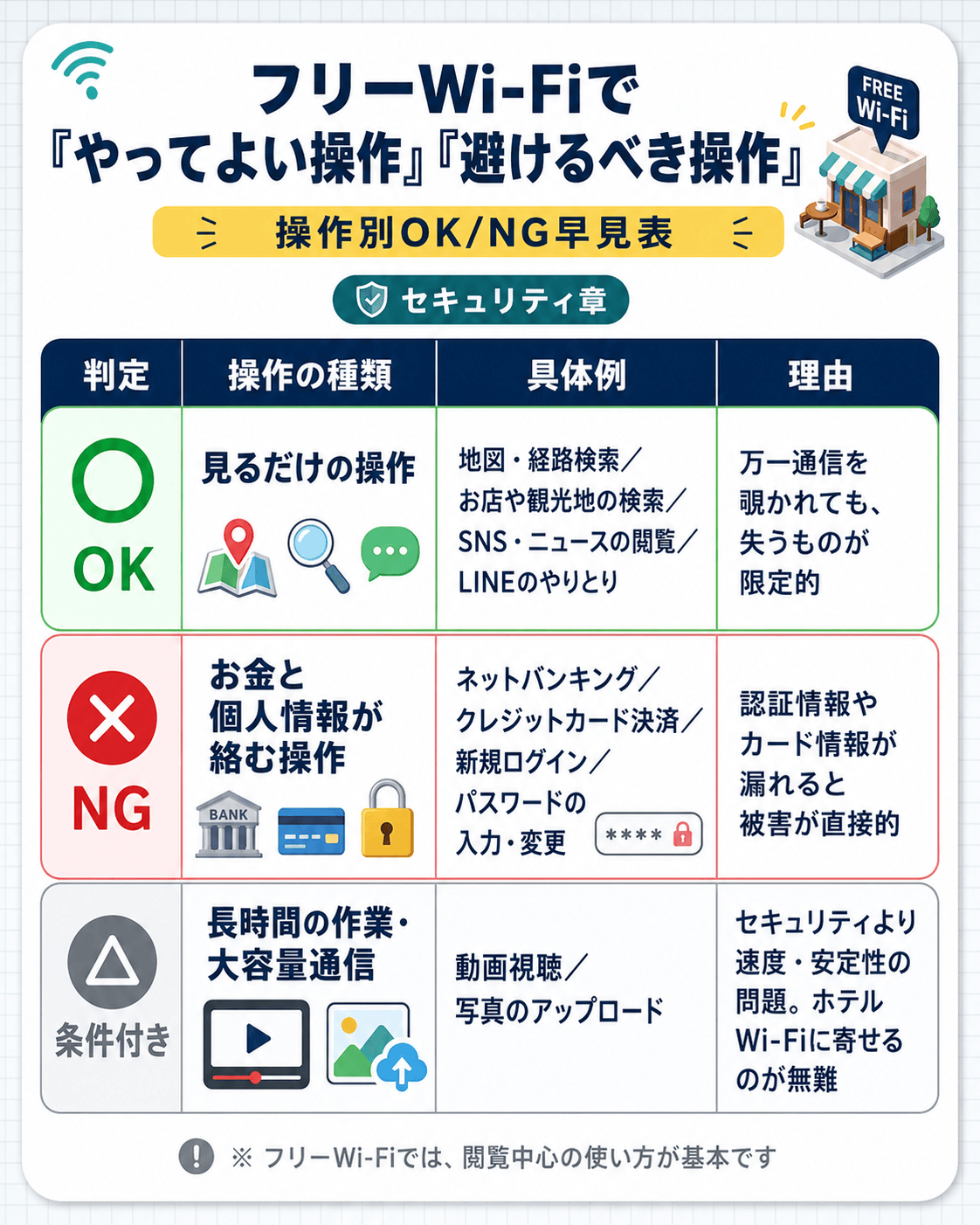 フリーWi-Fiでやってよい操作と避けるべき操作